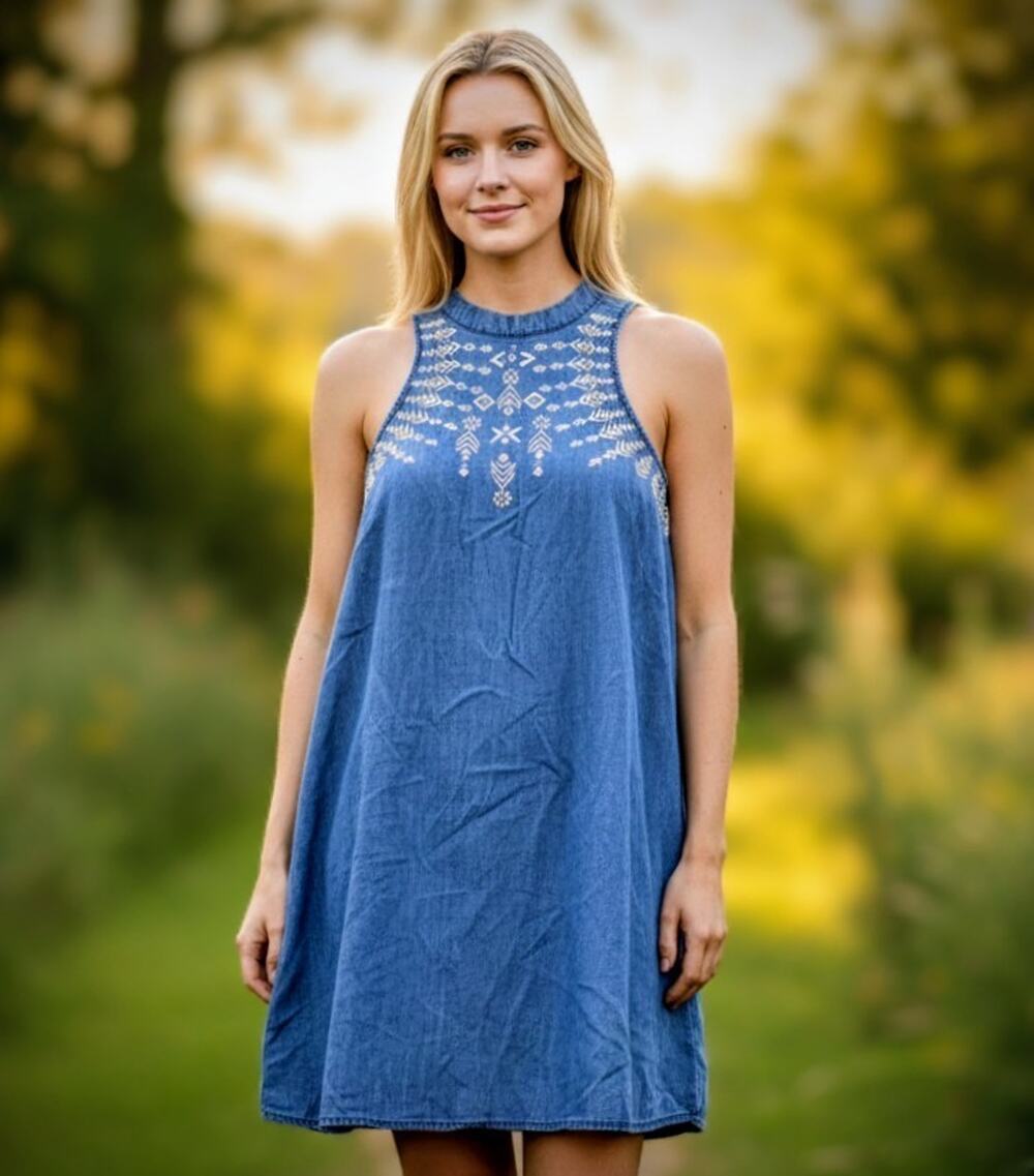 Speechless Dress Small S Blue Denim Tencel Embroidered Halter Boho Mini Shift
